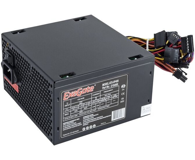 Блок питания Exegate EX219459 RUS XP400, ATX, black, 12cm fan, 24+4pin, 3x SATA, 1x FDD, 2x IDE