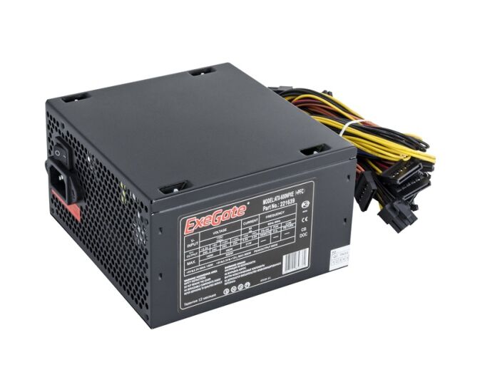 Блок питания Exegate EX221639 RUS 600 NPXE(+PFC), ATX, black, 12cm fan, 24+(4+4)p, (6+2)p PCI-E, 3x SATA