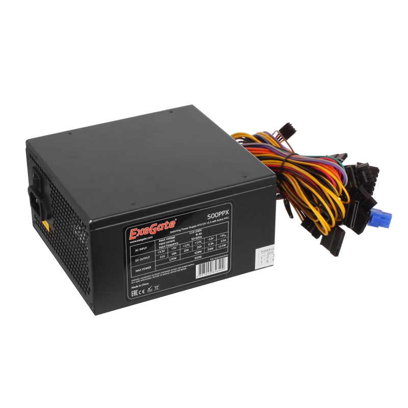 Блок питания Exegate EX221641 RUS 500 PPX RTL, ATX, black, active PFC, 12cm, 20+4pin/4pin/PCI-E/4x IDE/5x SATA