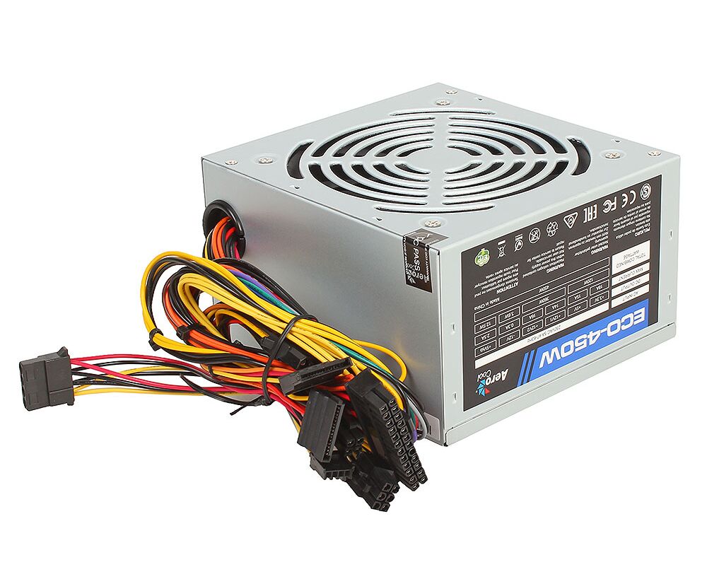 Блок питания Aerocool ECO-450 W, ATX v2.3 Haswell, fan 12cm, 400mm cable, power cord, 20+4 P, 12 V 4 P, 1x PCI-E 6 P, 2x SATA, 2x PATA, 1x FDD