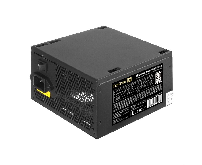 Блок питания Exe Gate 450 PPH-LT EX292150 RUS 450 W ATX, APFC, КПД 82 (80 Plus), 12cm fan, 24pin, (4+4)pin, PC Ie, 5x SATA, 3x IDE, RTL, black