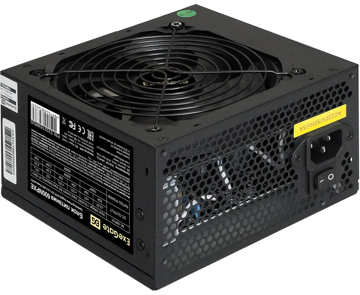 Блок питания Exe Gate 600 NPXE EX221639 RUS-PC 600 W (ATX, PPFC, PC, 12cm fan, 24pin, 2x(4+4)pin, 2x PCI-E, 5x SATA, 3x IDE, black)