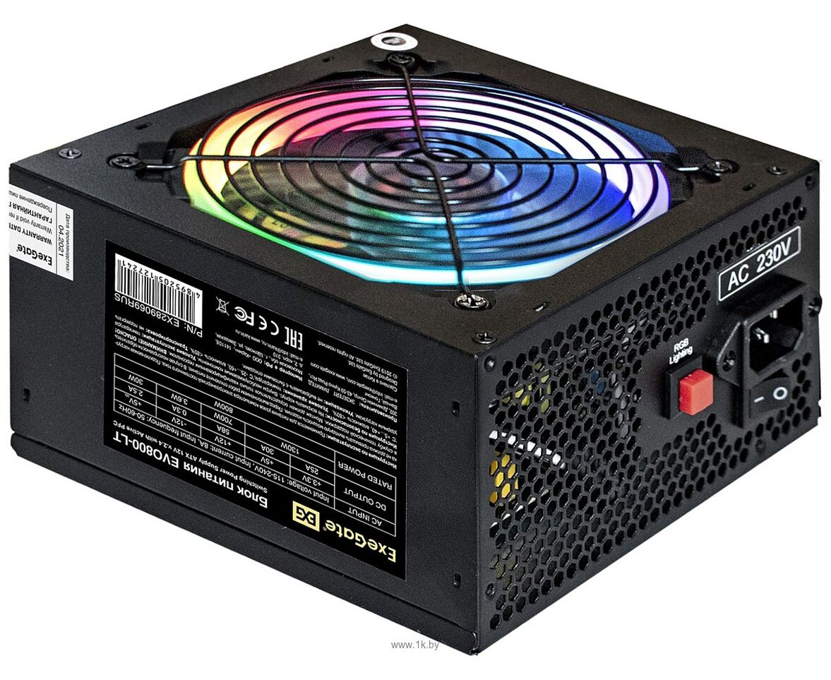 Блок питания Exe Gate EX289069 RUS 800 W EVO800-LT (ATX, APFC, 12cm RGB fan, 24pin, (4+4)pin, PCI-E, 5x SATA, 3x IDE, FDD, black)