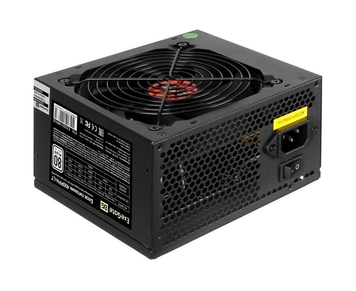 Блок питания Exe Gate 400 PPH-LT-OEM (EX292148 RUS-OEM) 400 W ATX, APFC, КПД 82% (80 Plus), 12cm fan, 24pin, (4+4)pin, PC Ie, 5x SATA, 3x IDE, black