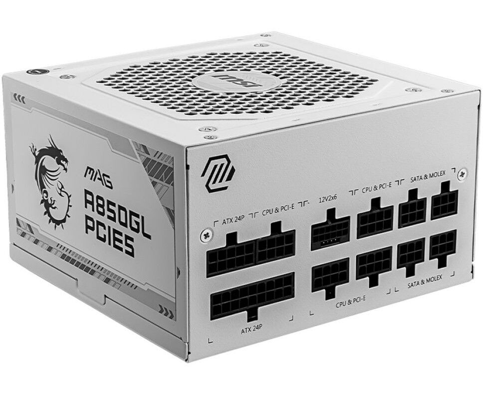 Блок питания MSI MAG A850 GL PCIE5 White (306-7 ZP8 A24-CE0), 850 W, 80+ Gold, полностью модульный, ATX 3.0, PCIE5, RTL