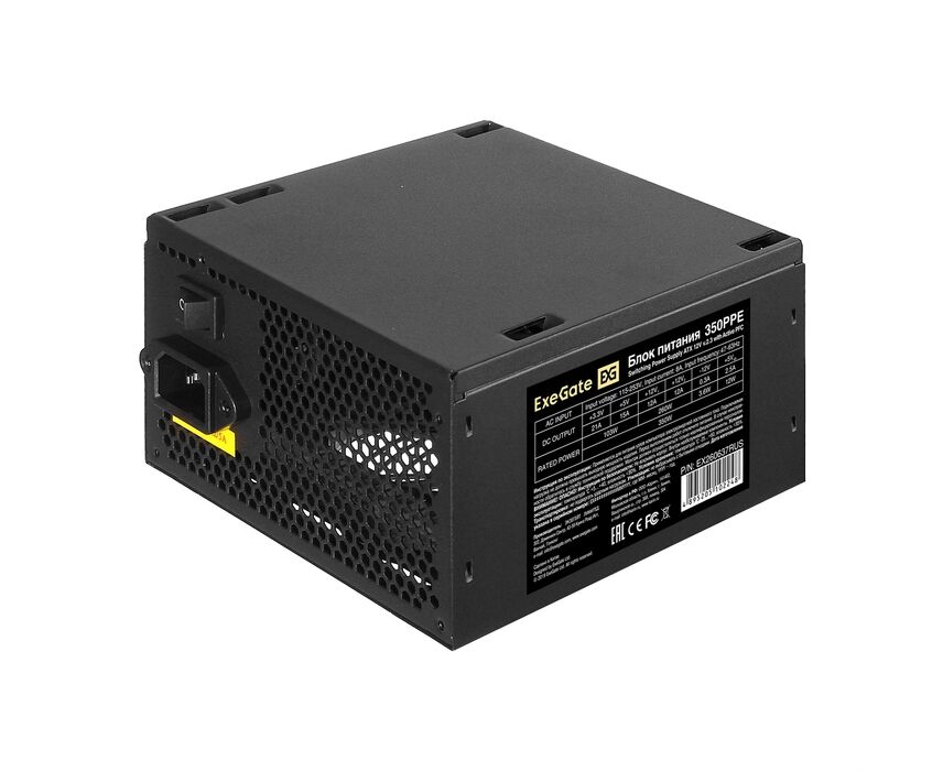 Блок питания Exegate 350 PPE EX260637 RUS-PC 350 W (ATX, APFC, PC, КПД 80 (80 Plus), 12cm fan, 24pin, (4+4)pin, PC Ie, 5x SATA, 3x IDE, black