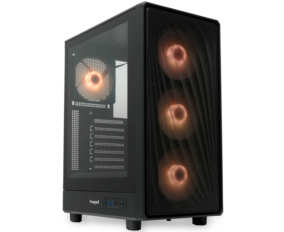 Корпус HSPD M510 (M510-TGBK-ARGB), без БП, Mesh Mid Tower, Black, TG, 0.5 SPCC, 4x120mm ARGB ATX, m ITX 180/280/160mm 1x2.5", 7x PCI 2x USB-A 3.0