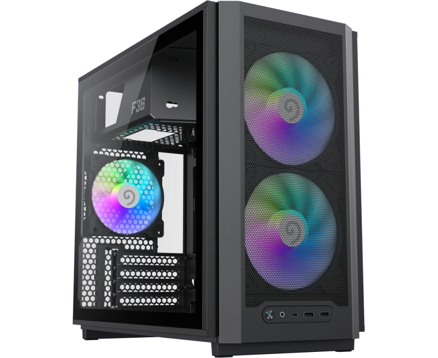Корпус Game Max F36 BK без БП (Midi Tower, ATX, Черный, 1*USB Type-C, 3*120мм)