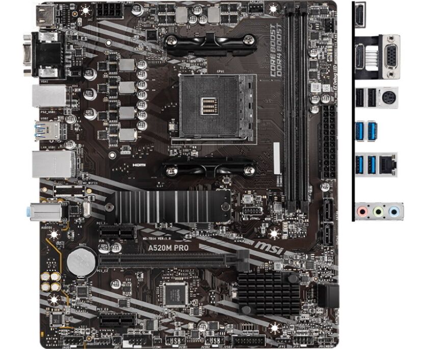 Материнская плата MSI A520 M PRO, AMD A520, 2x DDR4-4600, HDMI/DP/VGA, 1x PCI-Ex16, 2x PCI-Ex1, 4x SATA3, 1x M.2, Glan, 6x USB2.0, 6x USB3.2, 1x PS/2