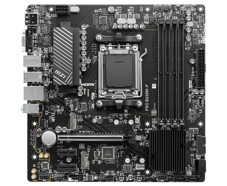 MB s AM5 MSI PRO B650 M-P, AMD B650, 4x DDR5 1 PCI-Ex16 2 PCI-Ex1 2 M.2 4 SATA3 3 USB3.2 Gen2(2 A+1 C) 4 USB3.2 Gen