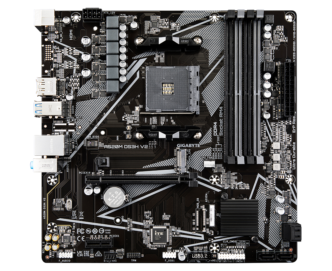 MB s AM4 Gigabyte A520 M DS3 H V2, Socket AM4, AMD A520, 4x DDR4-3200, HDMI+DP, 1x PCI-Ex16, 1x PCI-Ex1, 4x SATA3(RAID 0/1/10), 1x M.2, 8 Ch Audio, G Lan, (4+2)x USB2.0, (4+2)x U
