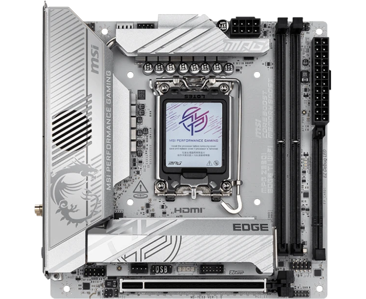 Материнская плата MSI MPG Z890 I Edge Ti Wifi Z890, LGA1851, 4*DDR5, 2*PCI Ex16, 1*PCI Ex1, 5*M.2, 2*Type C, 4*USB3.2 Gen2, 6*USB3.2 Gen1, 5*USB2.0, 4*SATA3