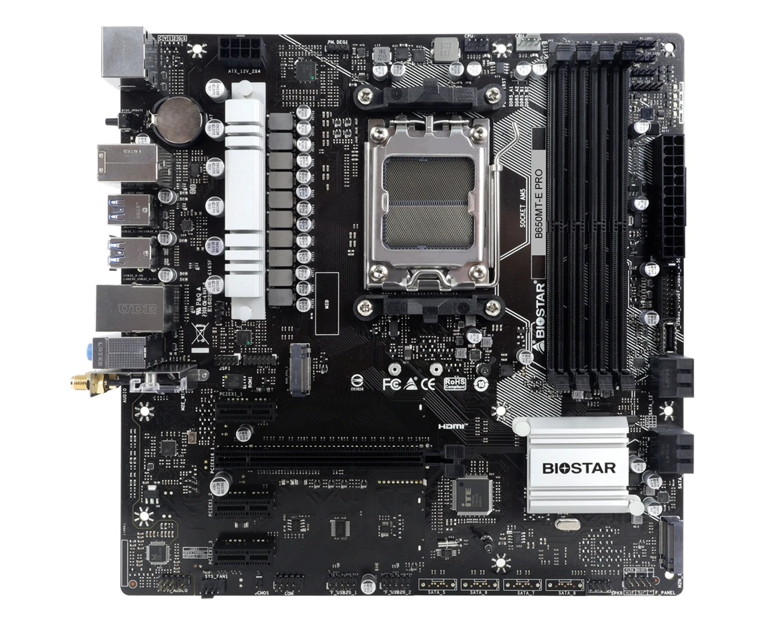 Материнская плата Biostar B650 MT-E Pro Socket AM5 AMD B650 4x DDR5 m ATX AC`97 8ch(7.1) 2.5 Gg RAID+HDMI+DP