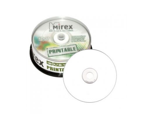 Диск DVD-R Mirex 4.7 Gb, 16x, Cake Box (25), Ink Printable