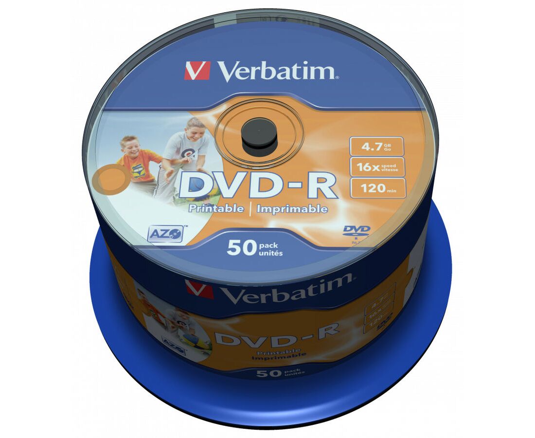 Диск DVD-R Verbatim 4,7 Gb 16x Cake Box Ink Jet Printable (50шт) 43533