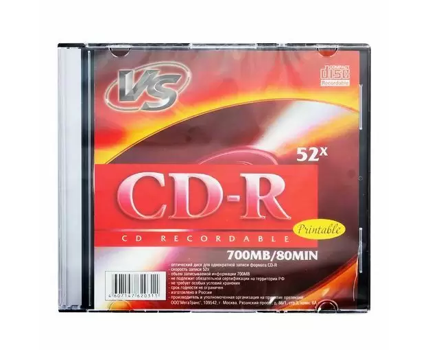 Диск CD-R VS (VSCDRIPSL501) 700 Mb, 52x, Slim Case (5), Ink Printable (5/200)