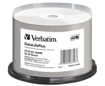 Диск CD-R Verbatim (43756) 700 Mb 52x Cake Box (50шт) Printable