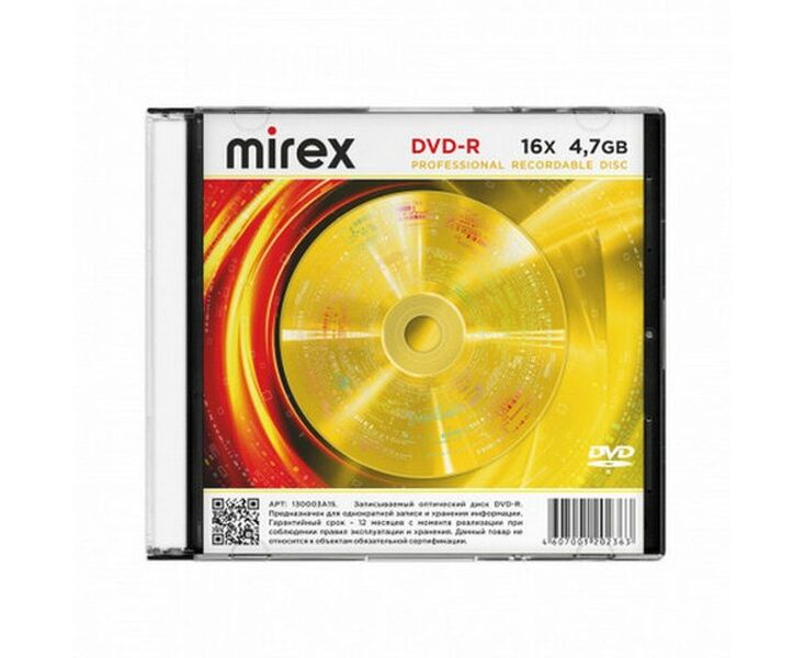 Диск DVD-R MIREX UL130003 A1 S, 4,7 ГБ, 16x, Slim Case, 1 штука