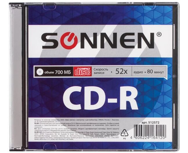 Диск CD-R SONNEN 512572, 700 Mb, 52x, Slim Case (1штука)