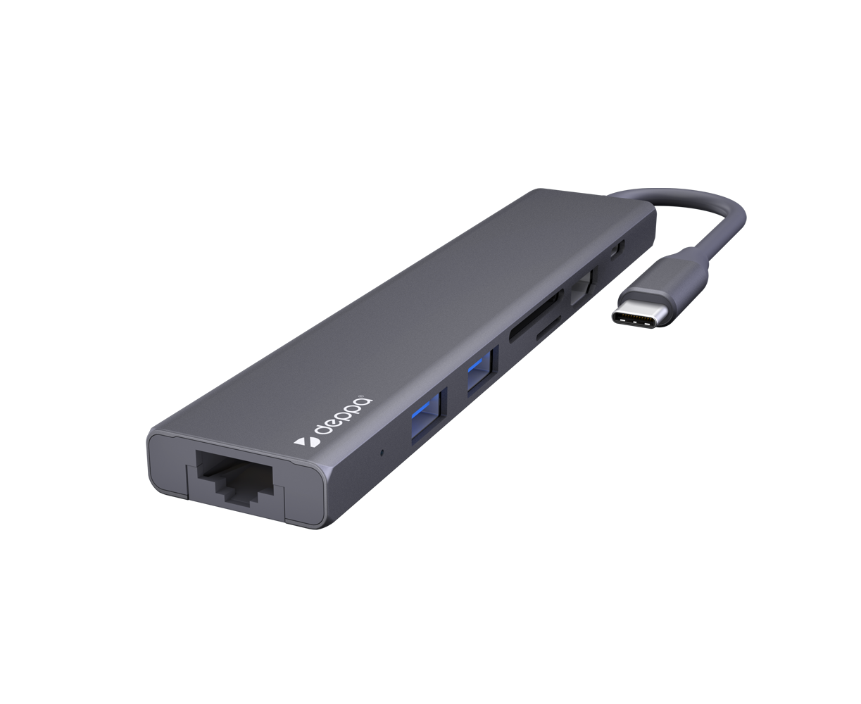 USB Type-C хаб 7-в-1, HDMI, Power Delivery, 2x USB 3.0, RJ45, micro SD/SD, графит, DEPPA, 73127
