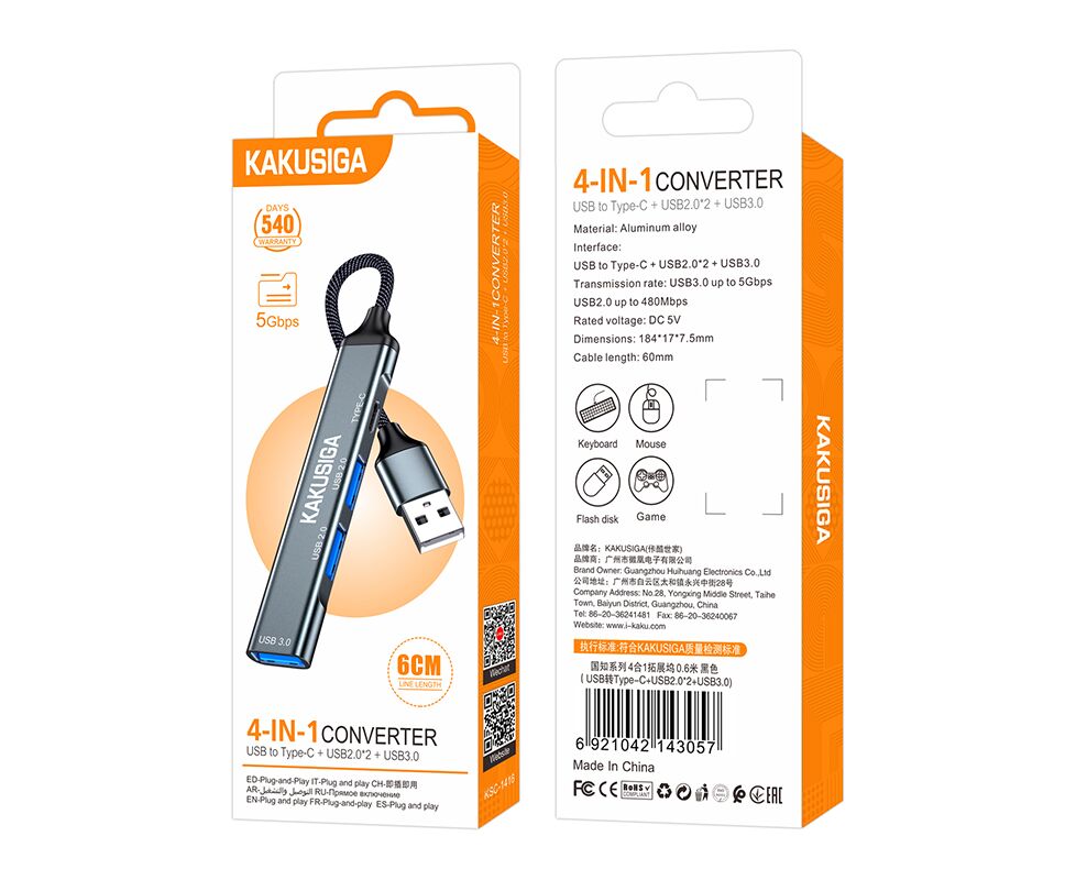 USB HUB KAKUSIGA KSC-1416 4 in 1 на 3 USB + 1 USB-C black