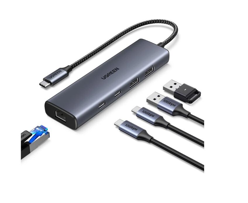 Конвертер UGREEN CM512 (45320) USB 3.2 C to USB-A 3.2+USB-A 2.0+2* USB-C 3.2 Converter + Gigabit with USB-C Power Port серый