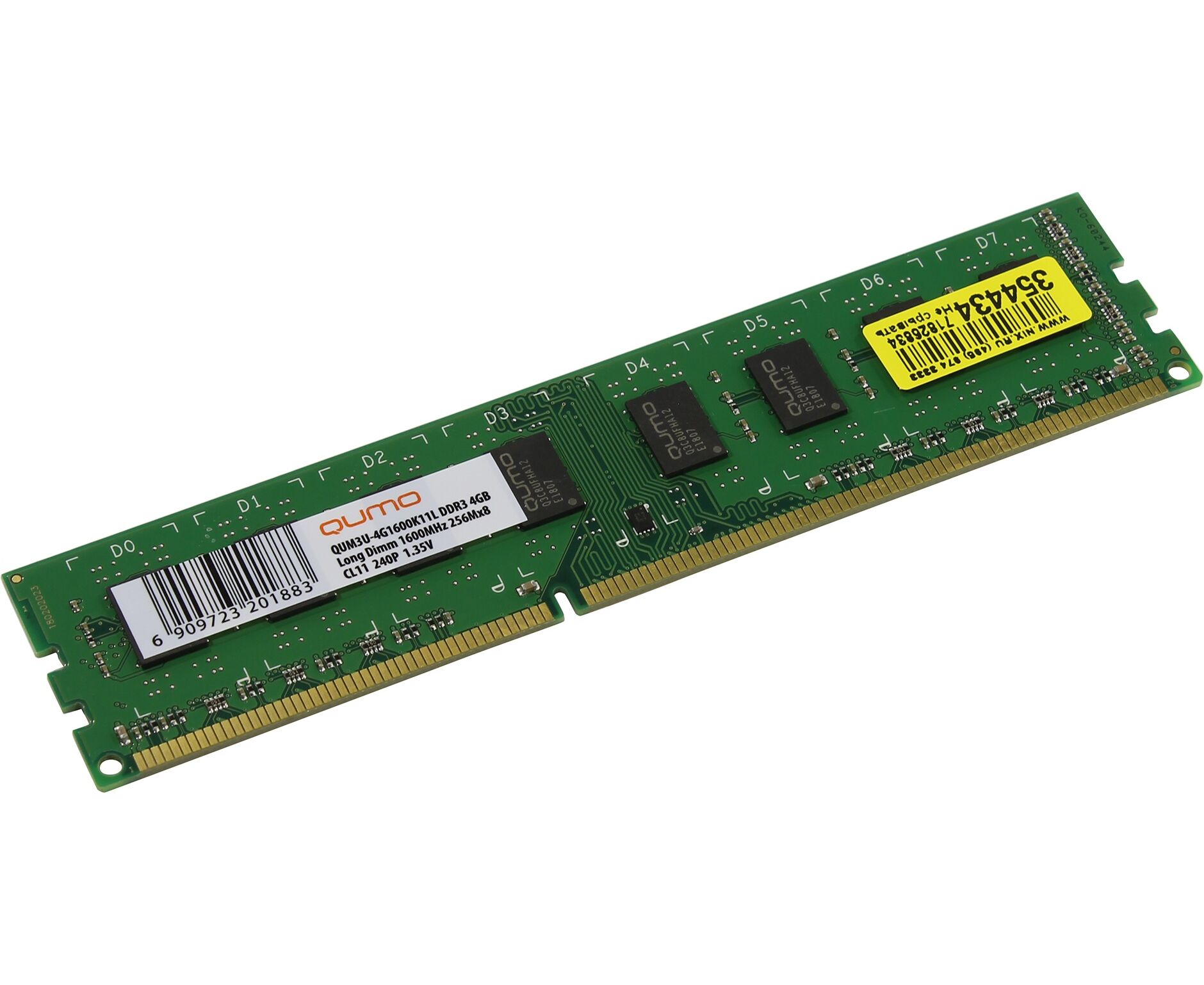 RAM 4 GB DDR3-1600 PC3-12800 Qumo, CL11, Dual voltage: LV 1.35 V/1.5 V, Single Rank, retail (QUM3 U-4 G1600 С11 L)