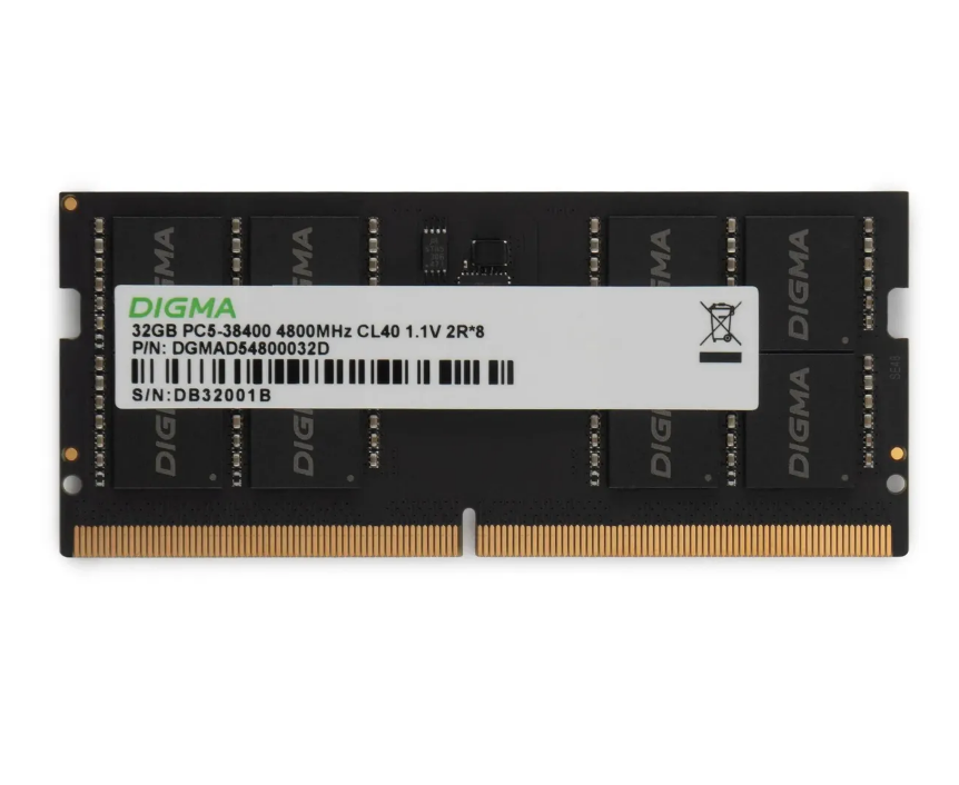 ОЗУ Digma DGMAS54800032 D DDR5 32 GB 4800 M Hz RTL PC5-38400 CL40 SO-DIMM 288-pin 1.1 В dual rank Ret