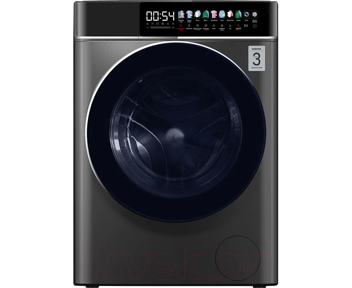Стиральная машина Centek CT-1948 (серый) 1400 /10кг/ 52см / 11пр /Диспл/INVERTER/Сушка 6кг/Пар/A+++