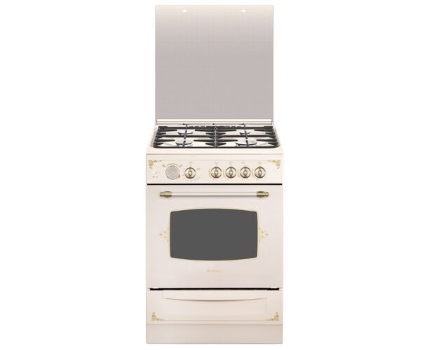 Плита Газовая Gefest ПГ 6100-03 0279 кремовый/рисунок "ретро" (стеклянная крышка) реш.чугун, 85x60x60см, 4 конфороки, духовка 52л