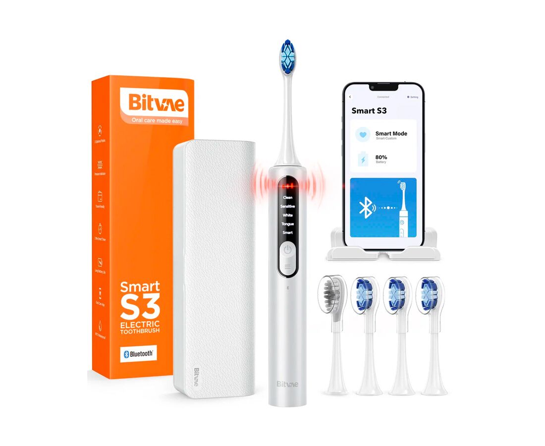Электрическая зубная щетка Bitvae S3 Smart E-Toothbrush (S3 White) с поддержкой прил. для смартфонов (чехол насадки держатель 4 колпачка для наса