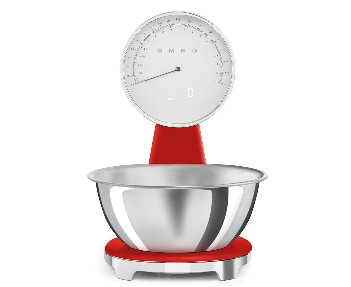 Весы кухонные SMEG KSF01 RDWW аналоговый/цифровой дисплей, выбор единицы измерения, максимальный 5кг, шаг 1г, красный