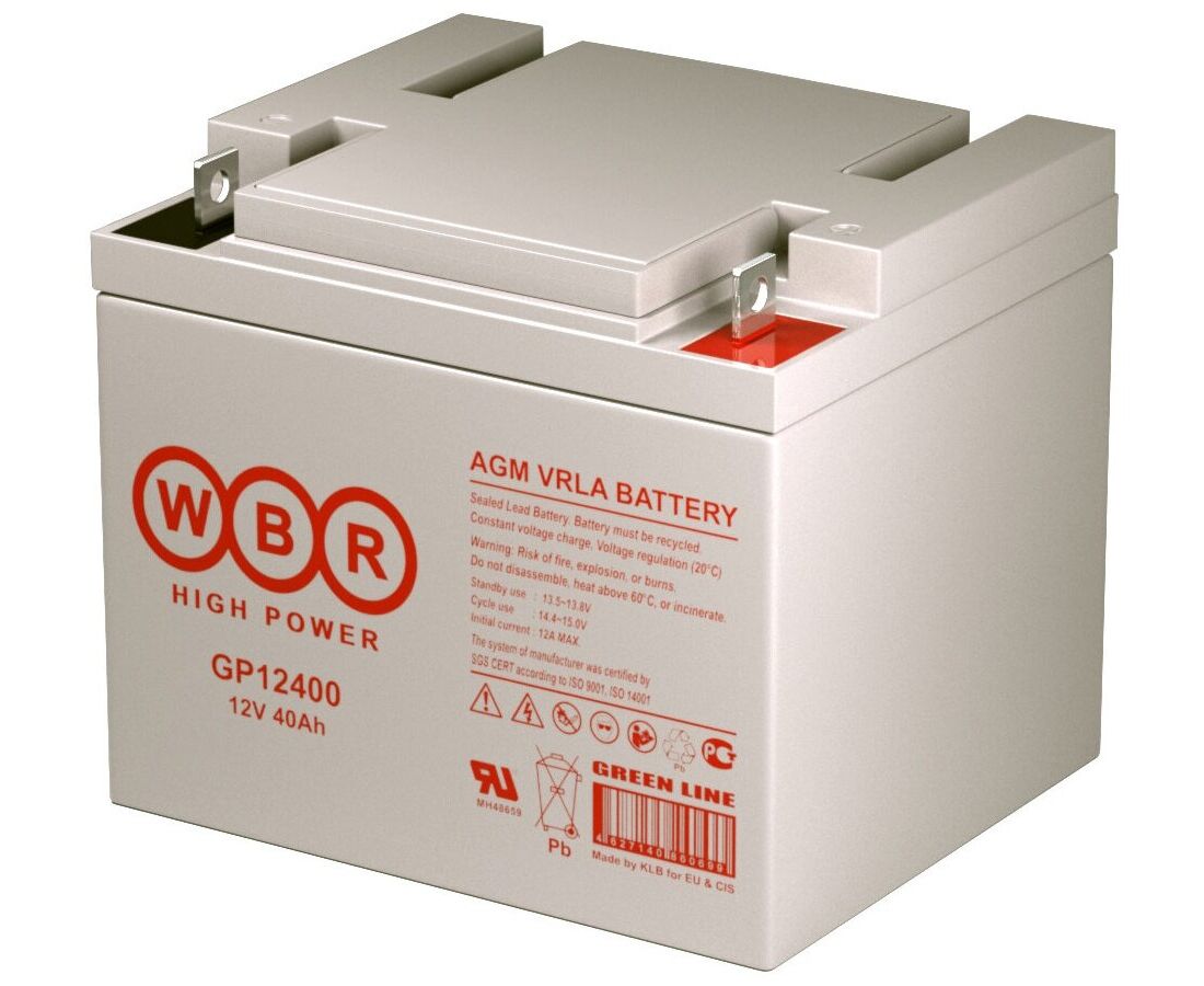АКБ для ИБП 12 В 40 Ач WBR GP12400, 160 W/cell, 480 Whr, 13.5 кг, (Шх Гх В) 199х 166х 171 мм (171 с клеммами)