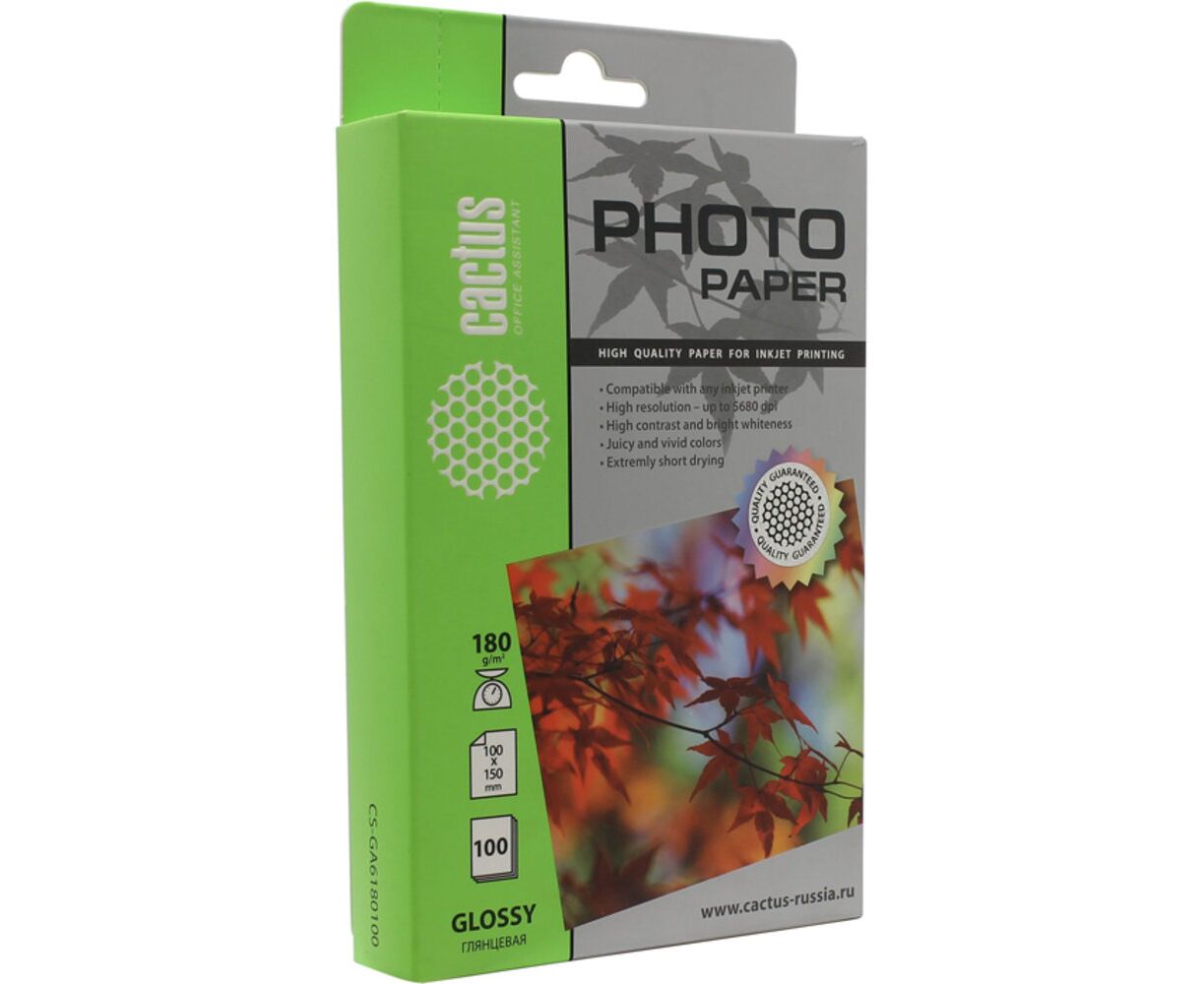 Фотобумага Cactus CS-GA6180100 10x15/180г/м 2/100л/белый глянцевое для струйной печати