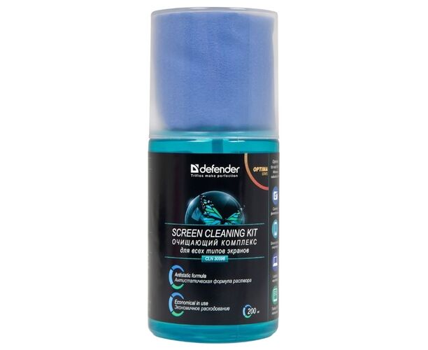 Чистящий спрей Defender 30598 для экранов / пластиковый флакон с пульверизатором 200 мл + микрофибра 20 х 20 см