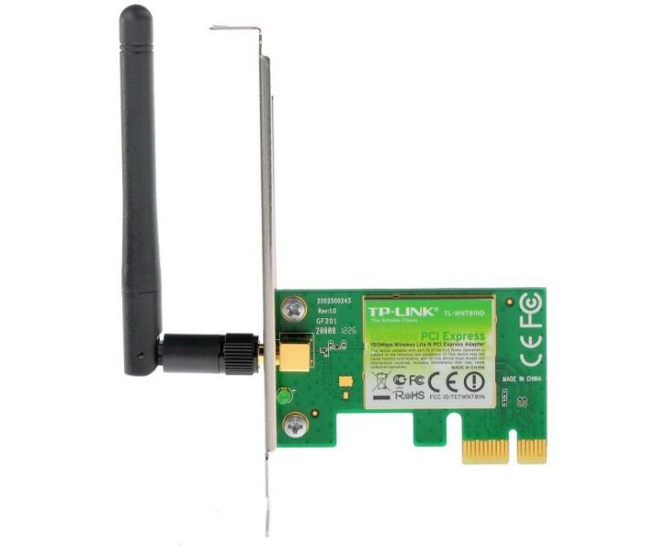 TP-LINK TL-WN781 ND, Wi-Fi PCI-E Адаптер, 150 Mbps, Atheros, 1 T1 R, 2.4 G Hz, 802.11n/g/b, 1 detachable antenna