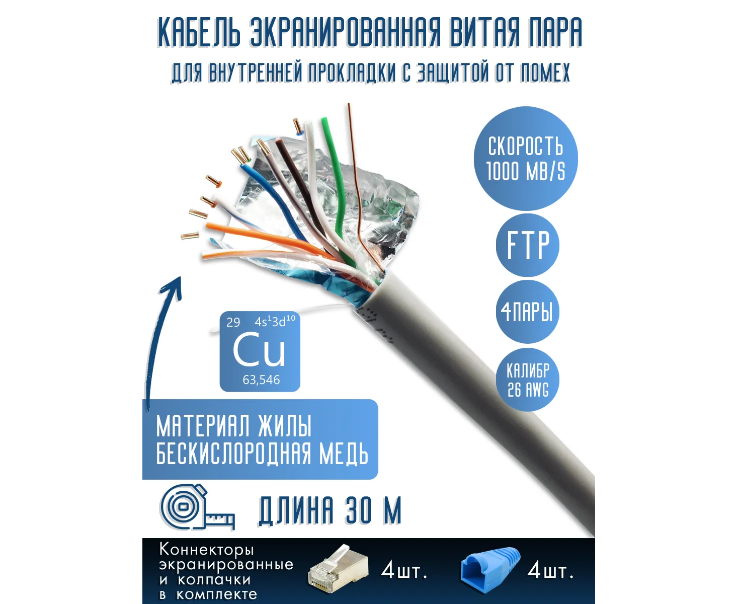 Витая пара, FTP cat5 26 AWG 4 пары, Медь (Cu), 30 м