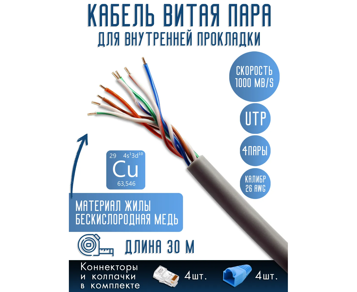Витая пара, UTP cat5e 26 AWG 4 пары, Медь (Cu), 30 м