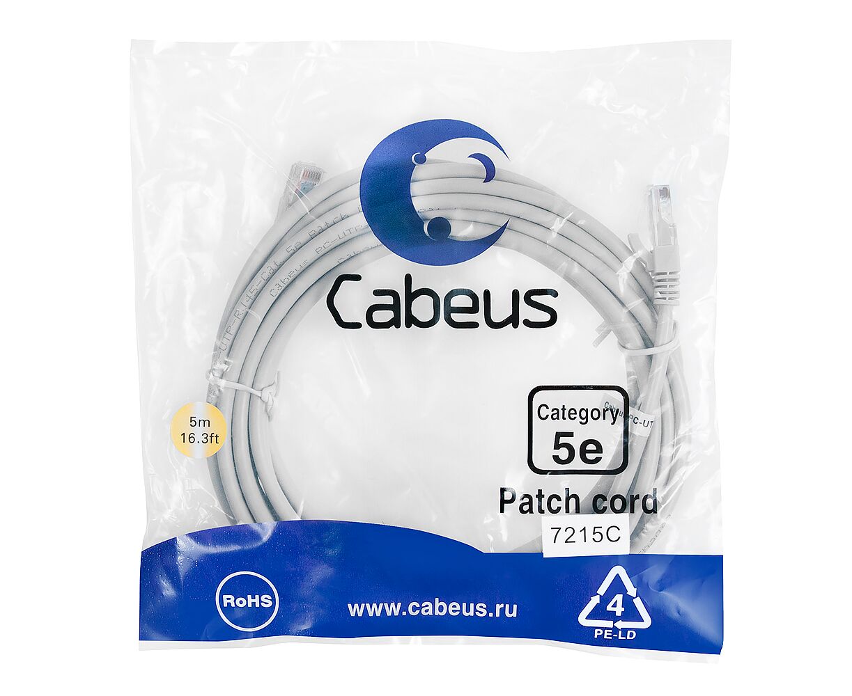 Патч-корд Cabeus (PC-UTP-RJ45-Cat.5e-5m) U/UTP, категория 5е, 2x RJ45/8p8c, неэкранированный, серый, PVC, 5м