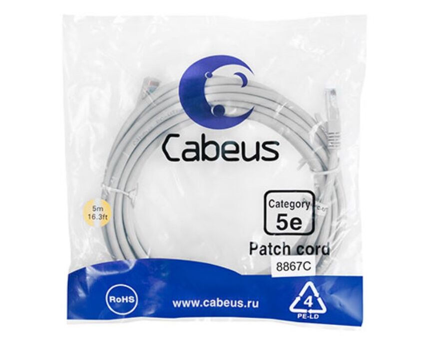Патч-корд Cabeus (PC-UTP-RJ45-Cat.5e-5m-LSZH) U/UTP, категория 5е, 2x RJ45/8p8c, неэкранированный, серый, LSZH, 5м