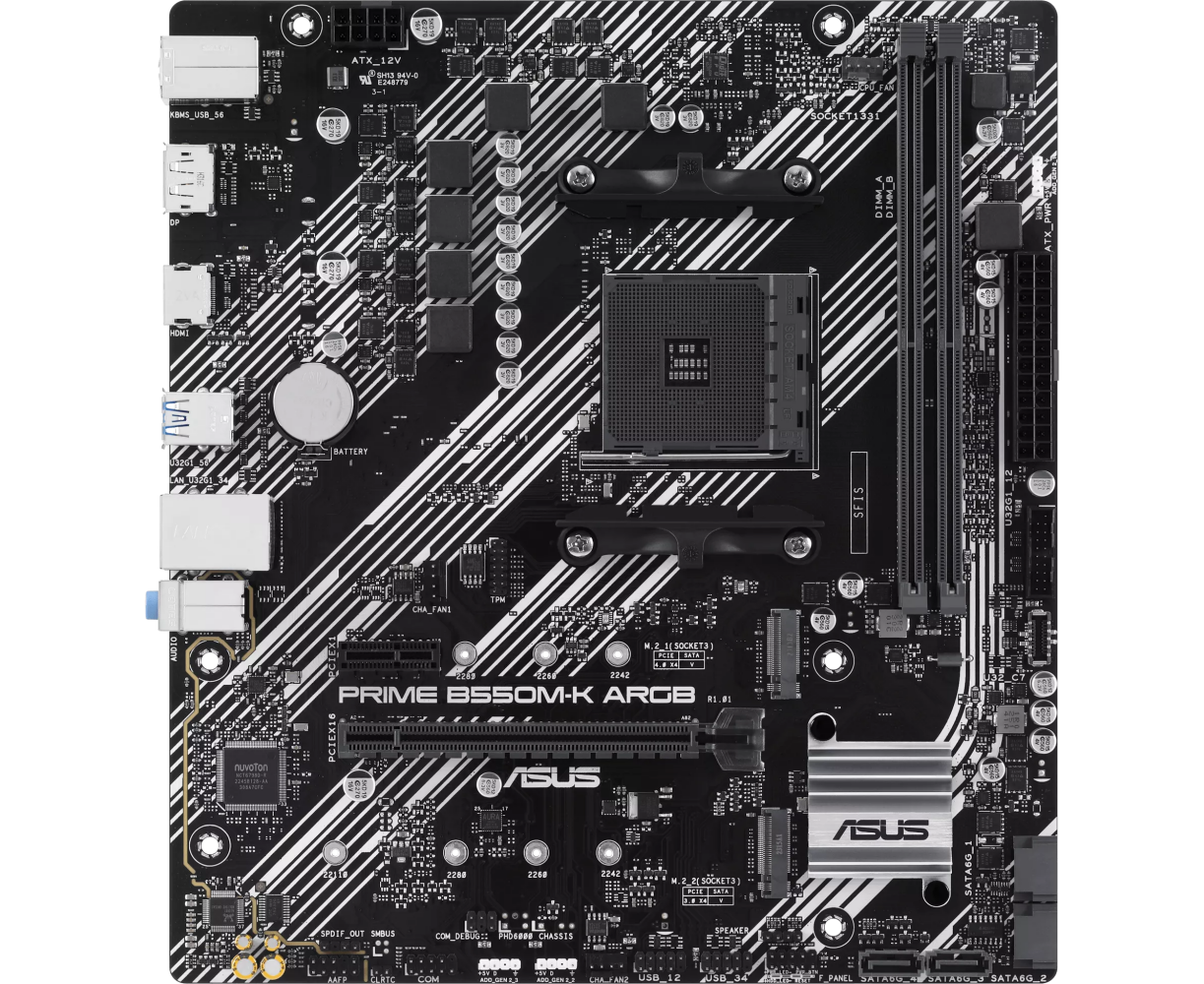 MB s AM4 ASUS PRIME B550 M-K ARGB, AMD B550, 2x DDR4-3200 МГц, 1x PCI-Ex16, 2x M.2, Micro-ATX